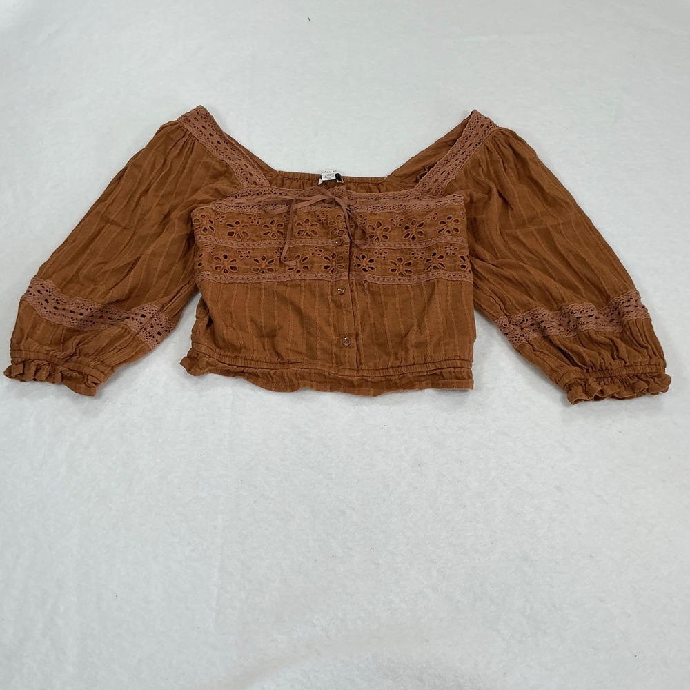 American Eagle Rust Brown Eyelet Lace Crop Top Long Sleeve Boho S 1761